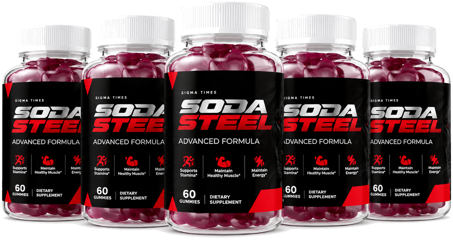 Five Soda Steel gummy bottles shown for the six bottle pack